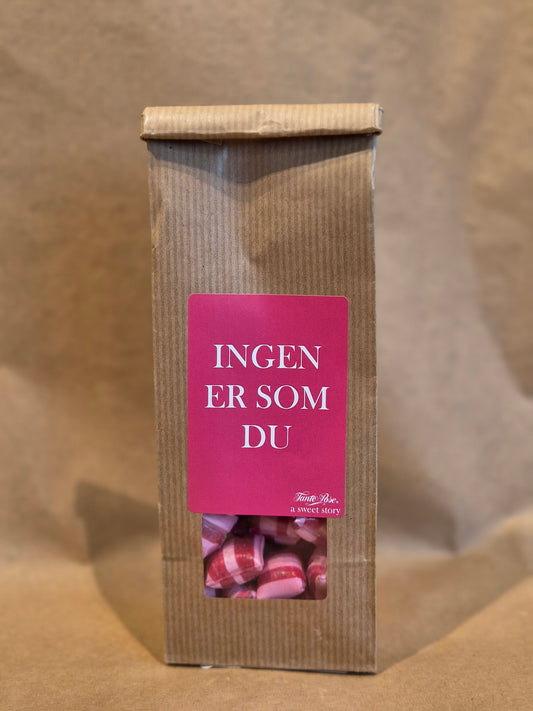 Markjordbærdrops med tekst: ingen er som du
