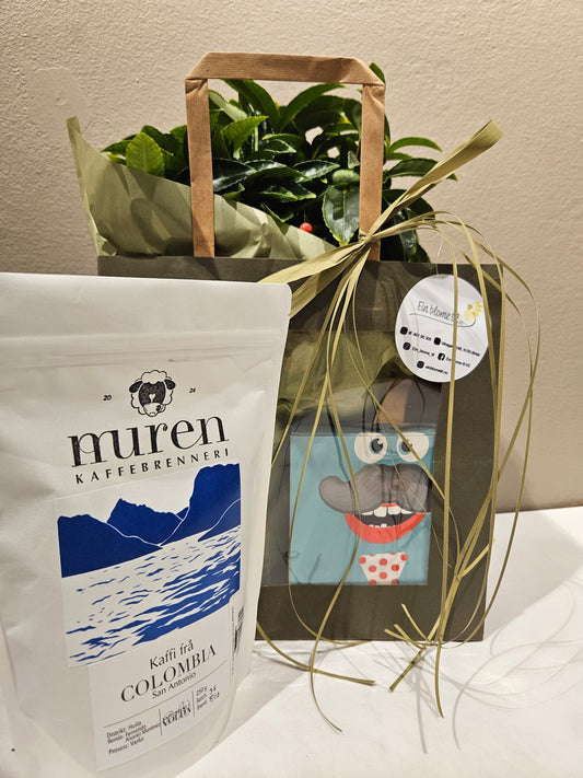 Gåvepakke til pappa me kaffi og sjokoladebart