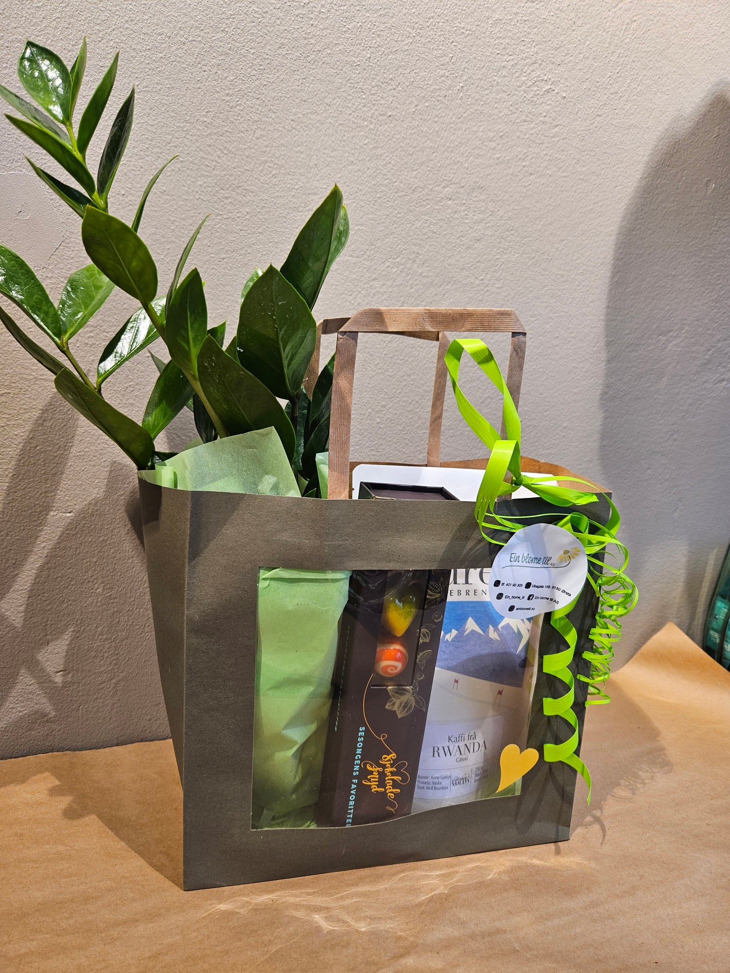 Gåvepose med grønplante, kaffe og sjokolade