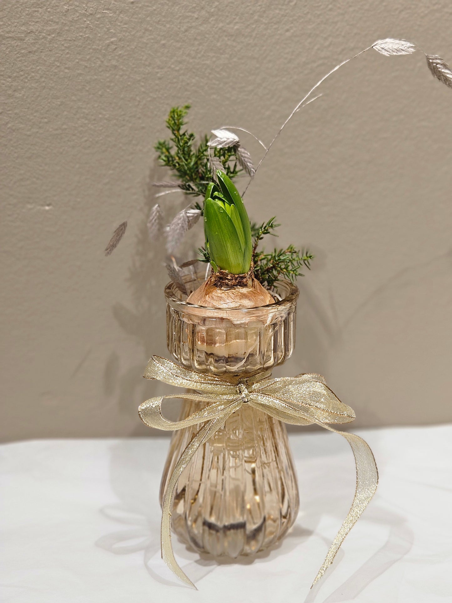 Kvit svibel i vase med pynt